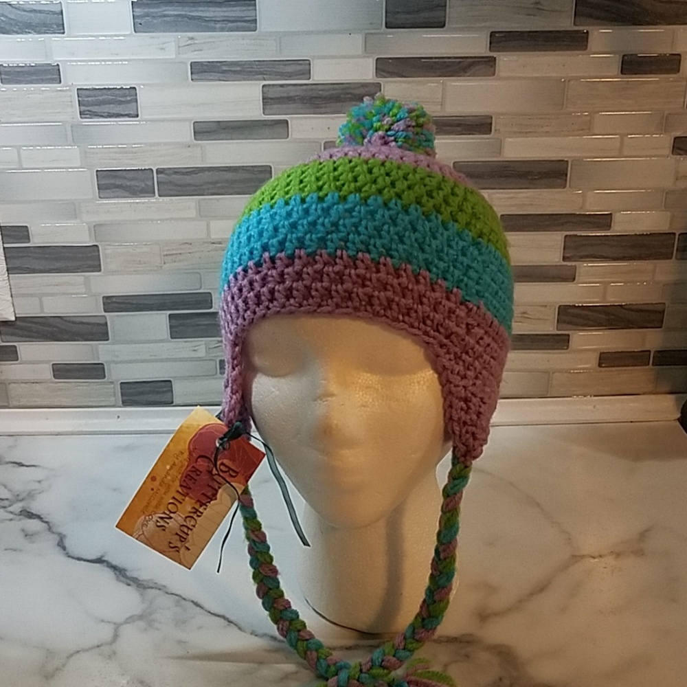 Handmade Purple, Blue and Green Strips Hat